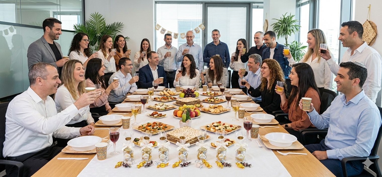 הרמת כוסית לפסח במשרד עם כיבוד חגיגי מתנות לעובדים